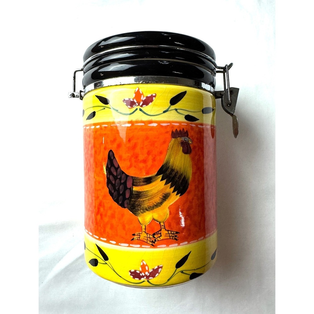 Hand Painted Ceramic Rooster Kitchen Canister/Jar Locking Lid Orange & Yellow 8"